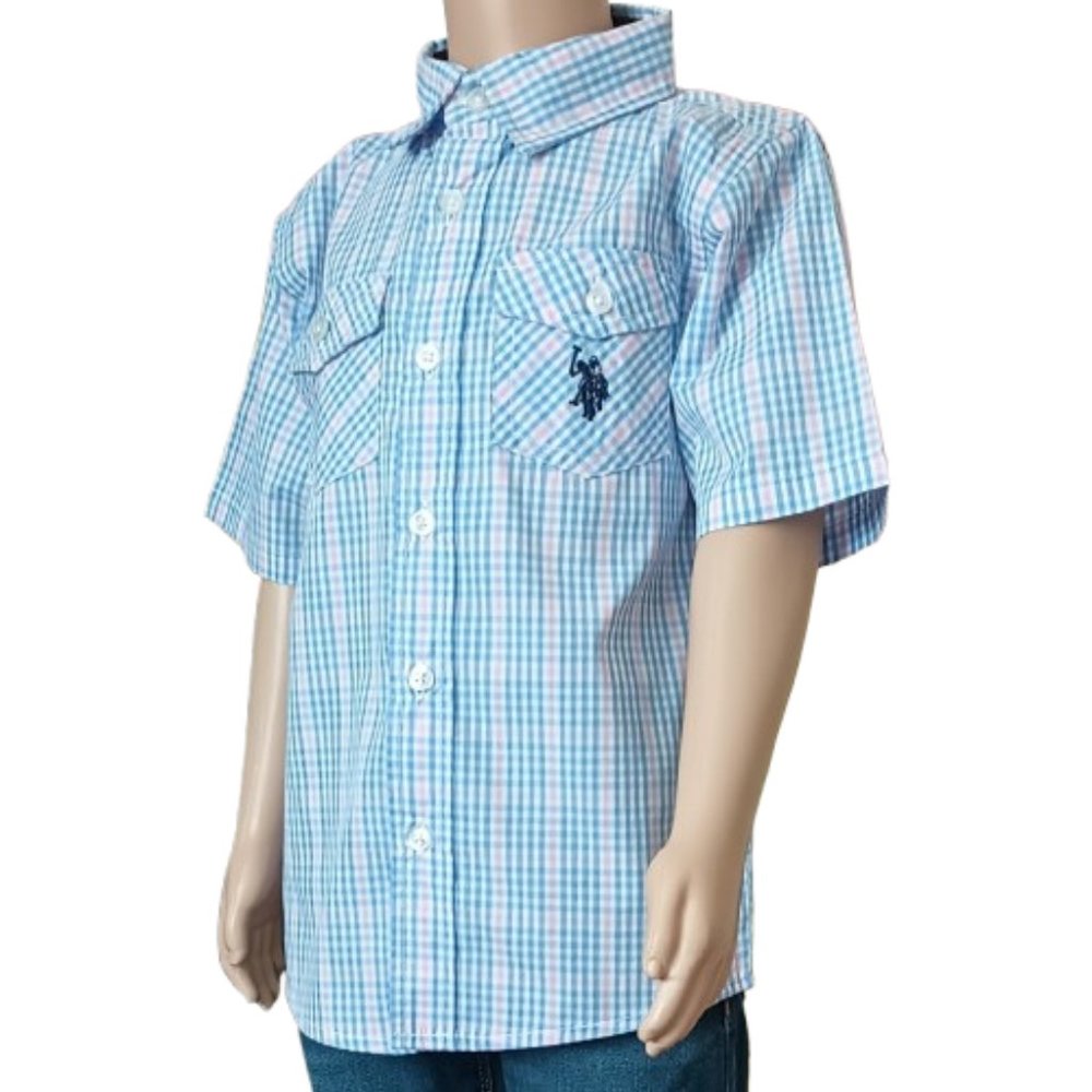 U.S. Polo Assn. Button-Down Shirt 5 Blue & Salmon Plaid Boys Short Sleeve Logo